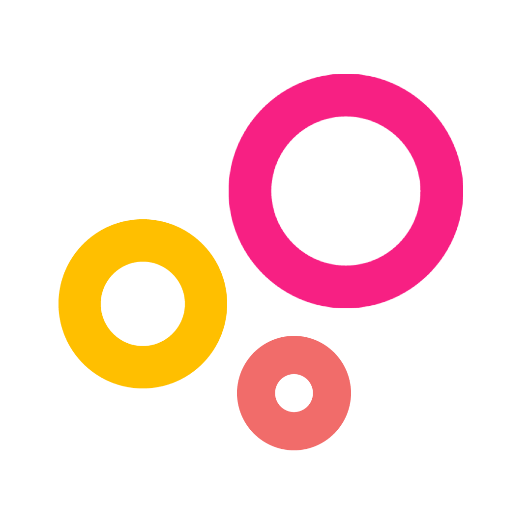 animated graphic of three circles of different sizes moving inside the next circle. The smallest circle is yellow, the medium size one is coral, and the biggest one is hot pink