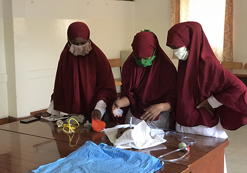 Three students working at the Edna Adan Hospital