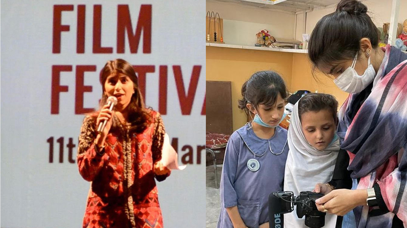 Banner that shows two images of Halimah Tariq at a film festival and teaching a filmmaking workshop to young girls.