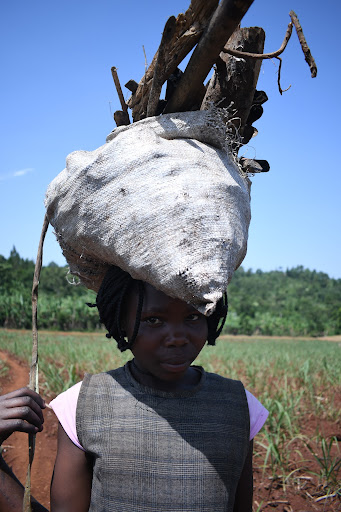 Colorful photo of Akia Janet in a gray dress over a pink shirt, smiling and carrying a bag of sticks on her head