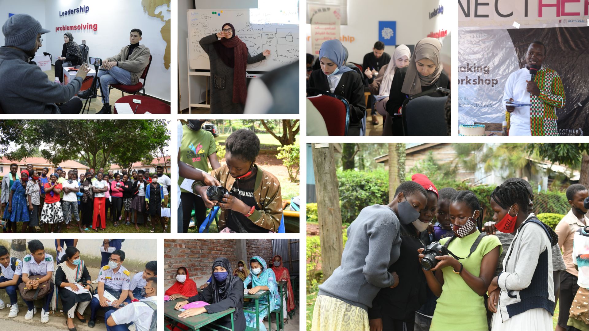 Collage of photos of some ConnectHER Fellows filmmaking workshops